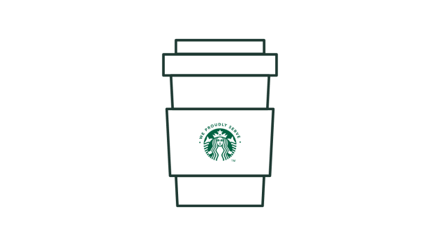 Illustration au trait d’une tasse à café à emporter avec le logo We Proudly Serve Starbucks