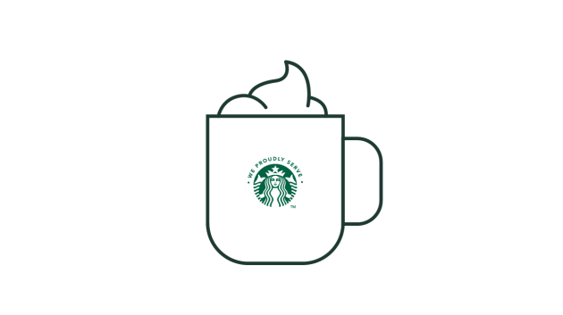 Illustration au trait d’une tasse à café We Proudly Serve Starbucks nappée de crème fouettée