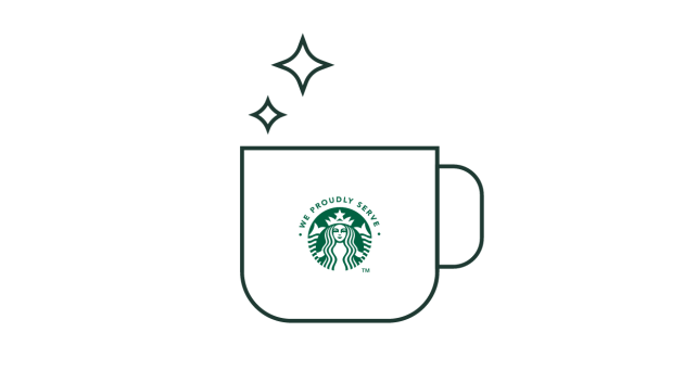 Illustration au trait d’une tasse à café We Proudly Serve Starbucks avec des brillants