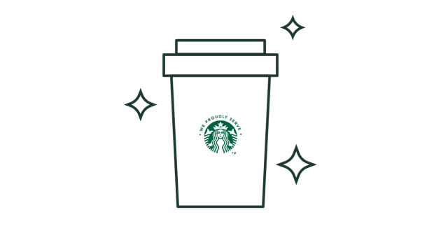 Illustration au trait d’une tasse à café à emporter avec le logo We Proudly Serve Starbucks entourée de brillants