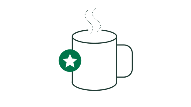 Illustration au trait d’une tasse de café chaud avec un badge vert en forme d’étoile