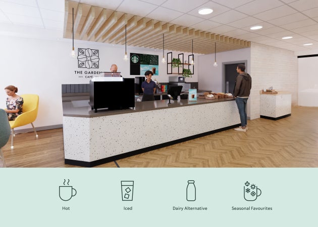 Un homme au comptoir de service We Proudly Serve Starbucks proposant des boissons chaudes et froides, des incontournables de 