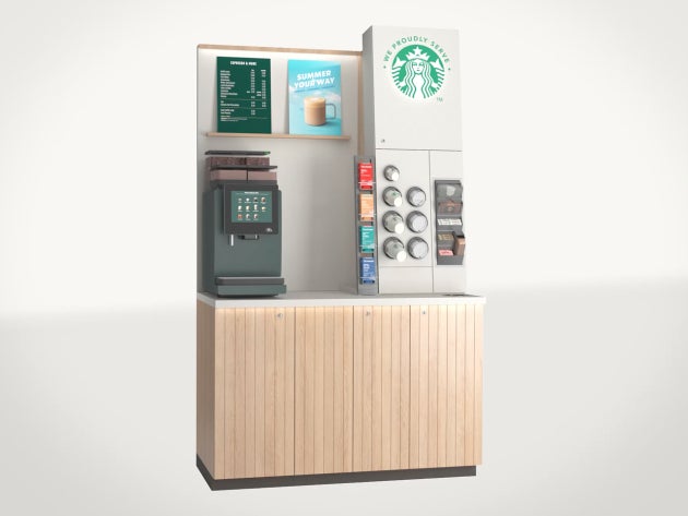 La solution libre-service We Proudly Serve Starbucks en format Tall : machine à café et comptoir en libre-service