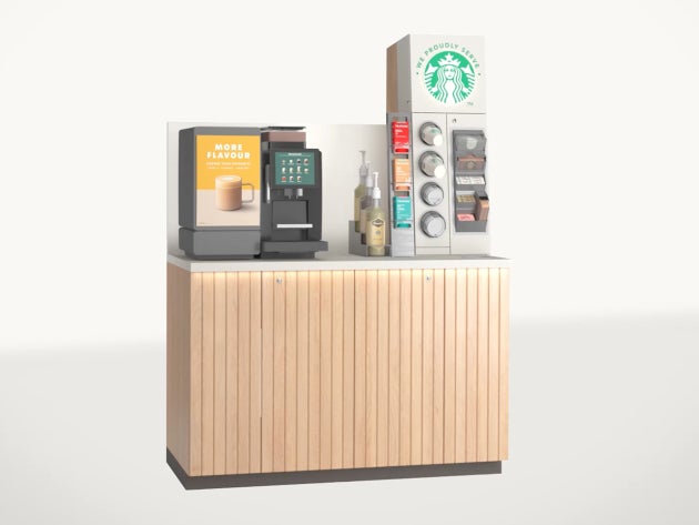 La solution libre-service We Proudly Serve Starbucks en format Short : machine à café et comptoir en libre-service